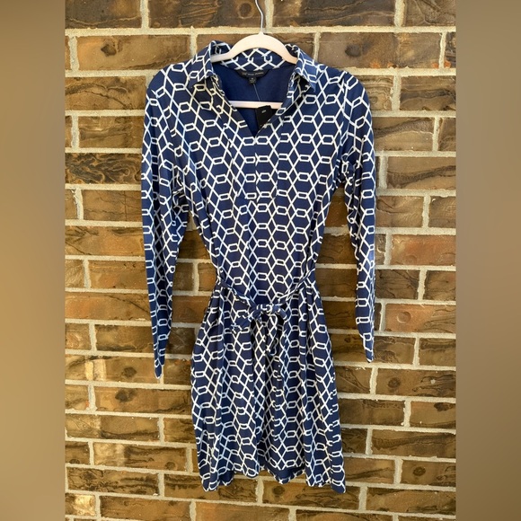 Brooks Brothers 346 Navy & White Belted Geometric Pattern‎ Women's Dress Sz M - Picture 1 of 5